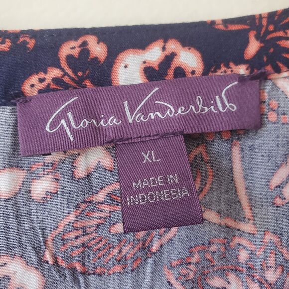 Gloria Vanderbilt Womens Blouse Size XL Blue Floral V Neck 3/4 Sleeve Batik Boho - Picture 7 of 12